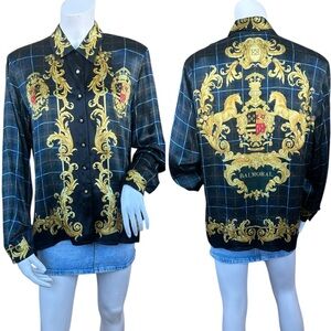 Vintage 80s Escada Tartan Scotland Crest Balmoral Castle Silk Blouse EU40 Medium